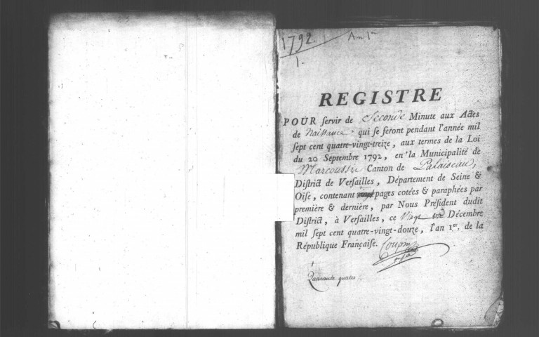 MARCOUSSIS. Naissances, mariages, décès : registre d'état civil (1792-an III). [Nota bene : 1792 après 1793]. 