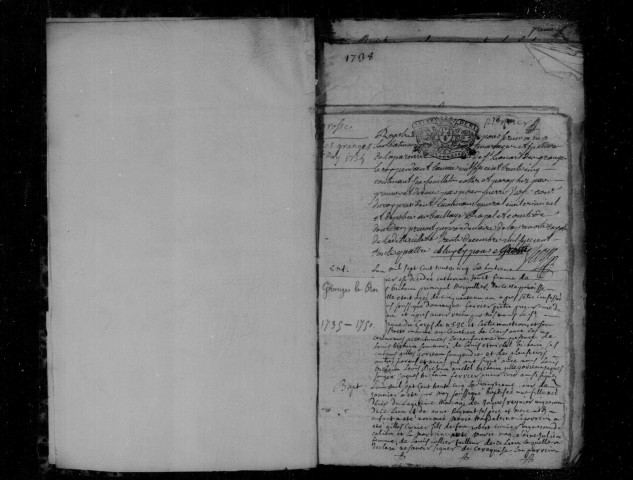 GRANGES-LE-ROI (LES). Paroisse Saint-Léonard : Baptêmes, mariages, sépultures : registre paroissial (1735-1750). 