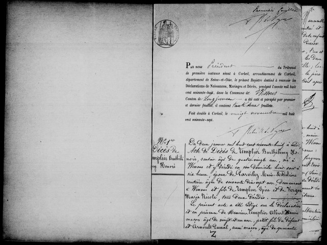 WISSOUS. Naissances, mariages, décès : registre d'état civil (1868-1872). 