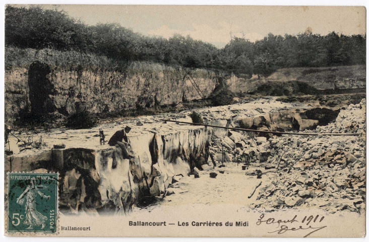 BALLANCOURT-SUR-ESSONNE. - Les carrières du Midi, Debuisson, 1911, 1 mot, 5 c, ad. 