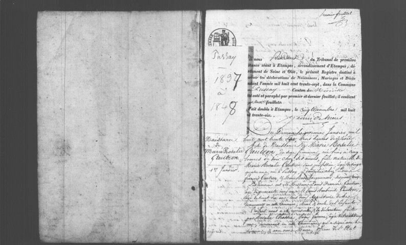 PUSSAY. Naissances, mariages, décès : registre d'état civil (1837-1848). 