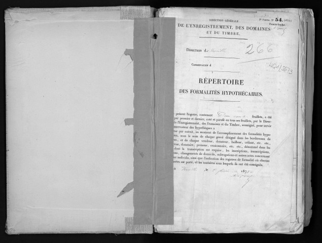 Conservation des hypothèques de CORBEIL. - Répertoire des formalités hypothécaires, volume n° 266 : A-Z (registre ouvert en 1878). 