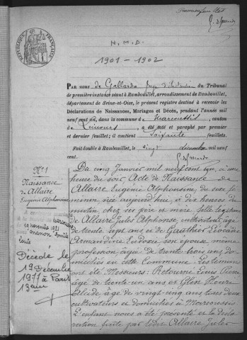 MARCOUSSIS.- Naissances, mariages, décès : registre d'état civil (1901-1902). 