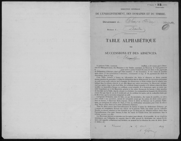 DOURDAN, bureau de l'enregistrement. - Tables alphabétiques des successions et des absences. - Vol 19, 1880 - 1887. 