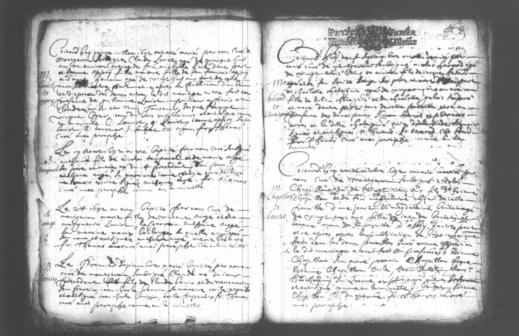 MONTGERON. Paroisse Saint-Jacques et Saint-Christophe : Baptêmes, mariages, sépultures : registre paroissial (1692-1738). [Lacunes : B.M.S. (1716-1729, 1731-1736)]. 