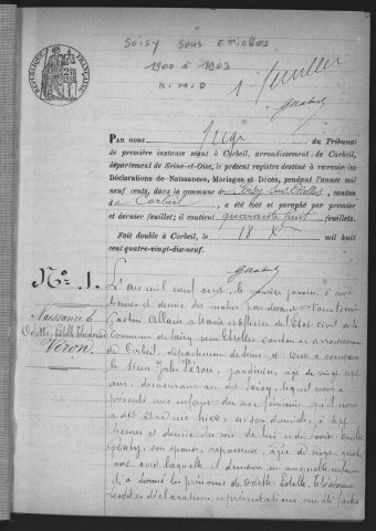 SOISY-SUR-SEINE.- Naissances, mariages, décès : registre d'état civil (1900-1903). 