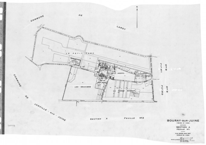 BOURAY-SUR-JUINE .- Cadastre révisé pour 1947 : plan du tableau d'assemblage , plans de la section A 1ère feuille, idem 2ème feuille, section C 2ème feuille, section D 1ère feuille, idem 2ème feuille, [6 plans]. 
