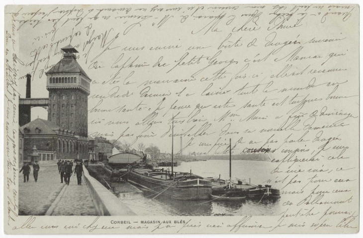 CORBEIL-ESSONNES. - Les Grands moulins et le quai. Magasin aux blés, Bréger, 1903, 22 lignes, 2x5 c, ad. 