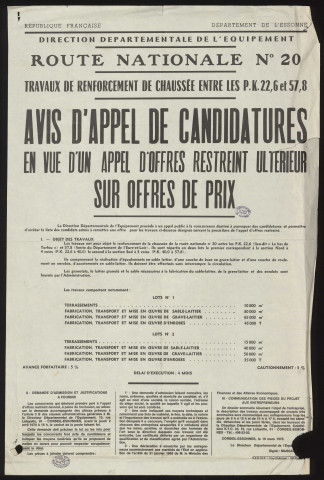 TORFOU, BOISSY-SOUS-SAINT-YON, ANGERVILLE. - Avis d'appel de candidatures en vue d'un appel d'offres restreint ultérieur sur offres de prix, pour des travaux de renforcement de chaussée, sur la route nationale n° 20, entre le lieu-dit le Bas-de-Torfou et la limite du département de l'Eure-et-Loir (PK 22,6 et 57,8), 19 mars 1970. 