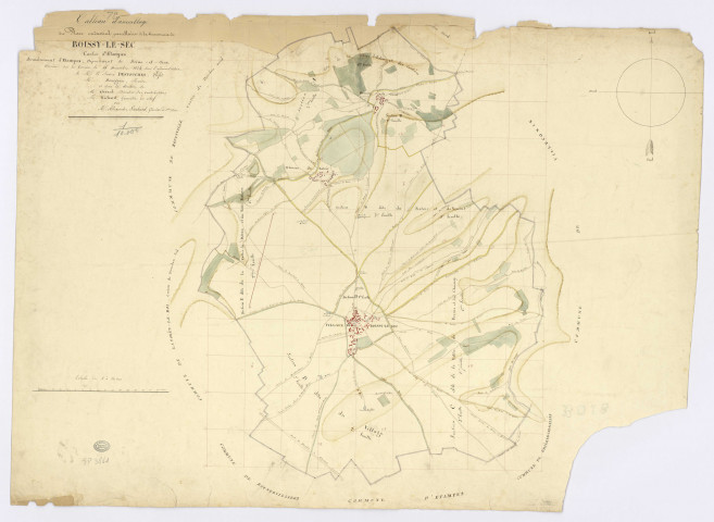 BOISSY-LE-SEC. - Plan d'assemblage, ech. 1/10000, coul., aquarelle, papier, 68x92 (1824). 