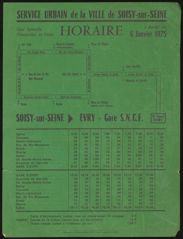 SOISY-SUR-SEINE. - Service urbain de la ville de SOISY-SUR-SEINE. Horaires des bus à partir du 6 janvier 1975 (1975). 