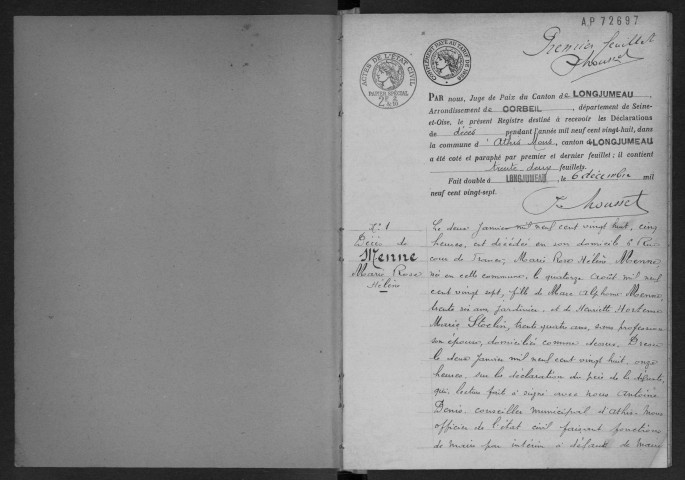 ATHIS-MONS.- Décès : registre d'état civil (1928). 