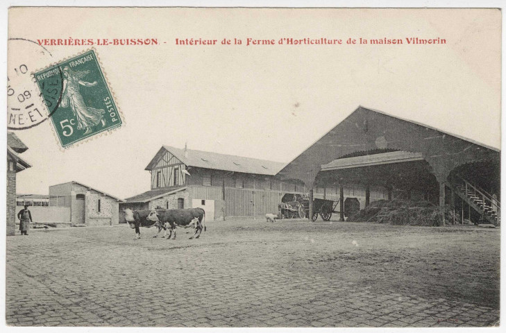 VERRIERES-LE-BUISSON. - Intérieur de la ferme d'horticulture de la Maison Vilmorin [timbre à 5 centimes]. 