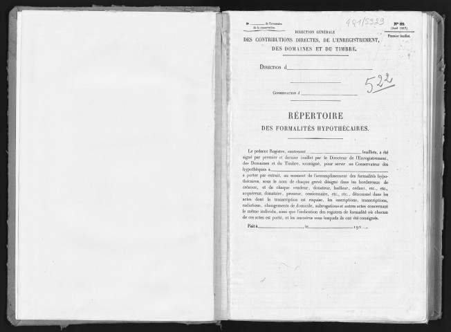Conservation des hypothèques de CORBEIL. - Répertoire des formalités hypothécaires, volume n° 522 : A-Z (registre ouvert vers 1920). 
