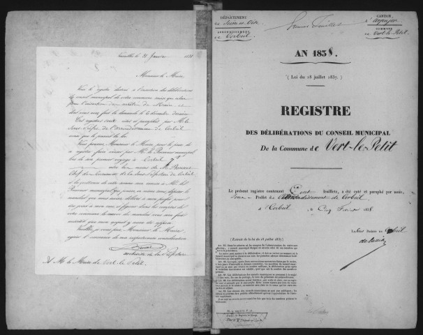 VERT-LE-PETIT - Administration générale de la commune. - Registre de délibérations du conseil municipal (11 février 1838 - 28 mars 1852). 