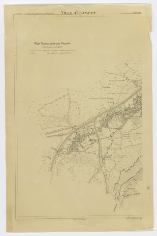 Plan topographique régulier d'ETAMPES dressé et dessiné par J. A. DUPRAT, géomètre-expert, vérifié par M. DAUPHIN, ingénieur-géomètre, feuille 2, Ministère de la Reconstruction et de l'Urbanisme, 1946. Ech. 1/5 000. N et B. Dim. 0,65 x 1,00. 