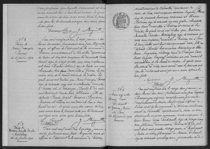BIEVRES.- Naissances, mariages, décès : registre d'état civil (1910-1911). 