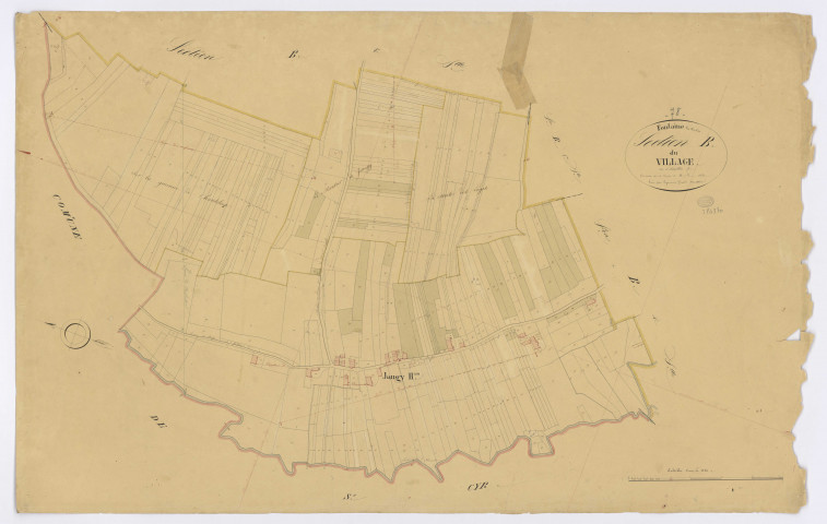FONTAINE-LA-RIVIERE. - Section B - Village (le), 3, ech. 1/1250, coul., aquarelle, papier, 66x103 (1831). 