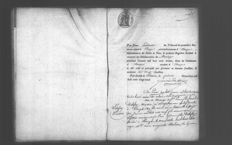 ETAMPES. Mariages : registre d'état civil (1830). 