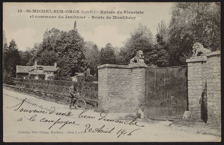 SAINT-MICHEL-SUR-ORGE.- Entrée du fleuriste et communs du jardinier. Route de Montlhéry, 1916.