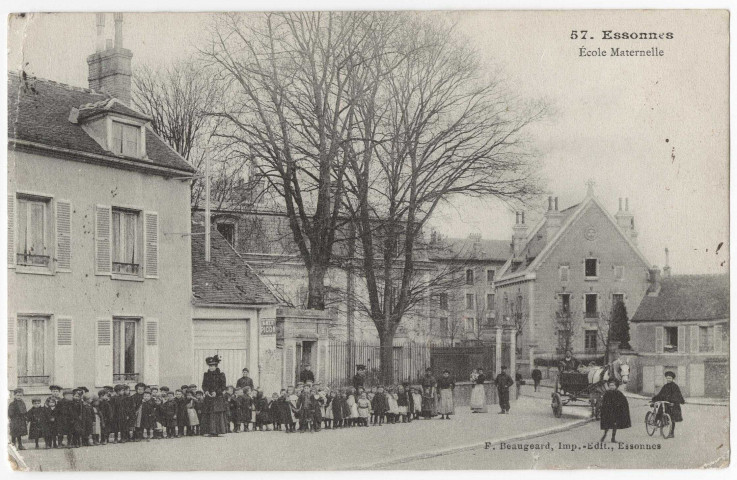 CORBEIL-ESSONNES. - Essonnes. Ecole maternelle [les élèves devant l'école], Beaugeard, 1902, 6 lignes, 25 c, ad. 