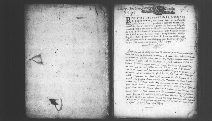 EVRY. Paroisse Saint-Pierre : Baptêmes, mariages, sépultures : registre paroissial (1692-1745). [Lacunes : B.M.S. (1712-1736)]. 