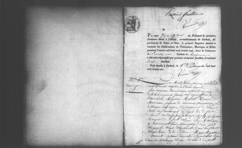 JUVISY-SUR-ORGE. Naissances, mariages, décès : registre d'état civil (1837-1846). 