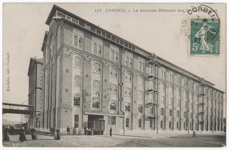 CORBEIL-ESSONNES. - Le nouveau bâtiment des grands moulins, Mardelet, 1906, 5 lignes, 5 c, ad. 