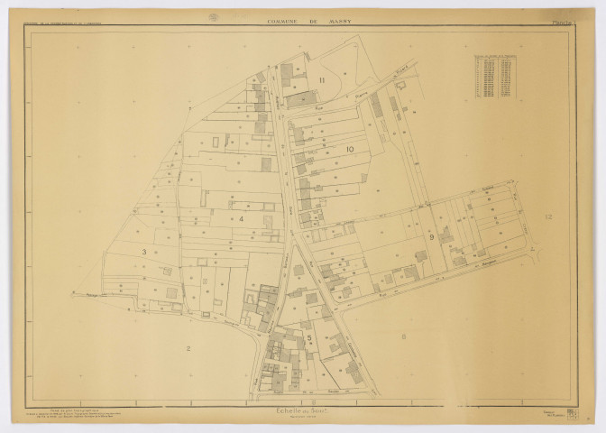 Fonds de plan topographique de MASSY dressé et dessiné en 1945 par R. COLIN, topographe, géomètre, vérifié par M. SOULARD, ingénieur-géomètre, feuille 3, 1945. Ech. 1/500. N et B. Dim. 0,76 x 1,05. 