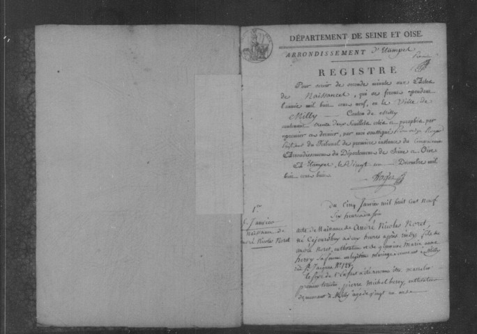 MILLY-LA-FORET. Naissances : registre d'état civil (1809-1824). [Relié en désordre (1814)]. 
