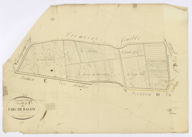 EPINAY-SUR-ORGE. - Section F - Parc de Balizy (le), 2, ech. 1/1250, coul., aquarelle, papier, 66x93 (1813). 