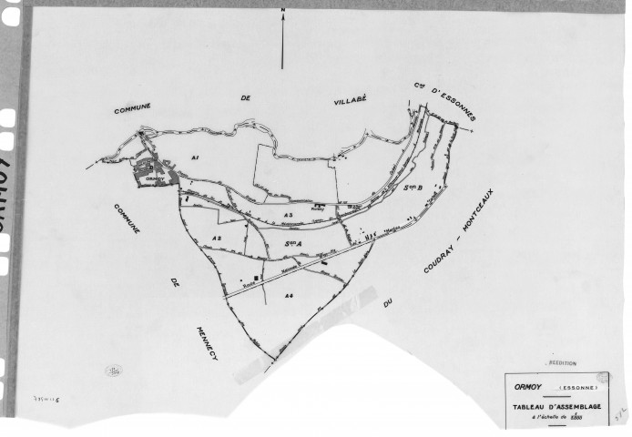 ORMOY. -Cadastre révisé pour 1938 : plan du tableau d'assemblage , plans de la section A le Village 1ère feuille, idem 2ème feuille, idem 3ème feuille, sectin B la Côte de Roissy ; cadastre révisé pour 1938 mis à jour pour 1978 : plan de la section B la Côte de Roissy, [6 plans].