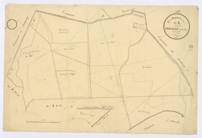 BRUYERES-LE-CHATEL. - Section A - de Verville et des Bois, 1, ech. 1/2500, coul., aquarelle, papier, 62x93 (1820).