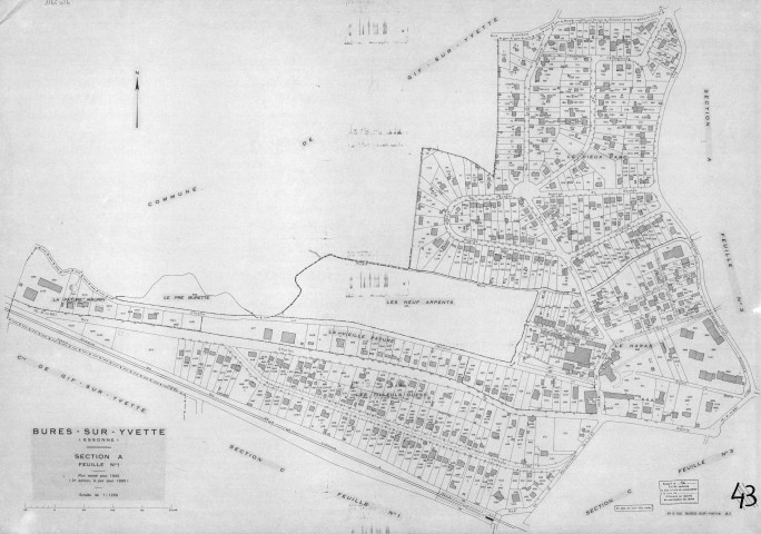 BURES-SUR-YVETTE. - Plan révisé pour 1945, à jour pour 1960 (2ème édition) : plan du tableau d'assemblage ; plan révisé pour 1945, à jour pour 1980 (3ème édition) : plans des sections A (feuilles 1-4), B (feuilles 1-3) et C (feuilles 1-4). [13 plans]. 