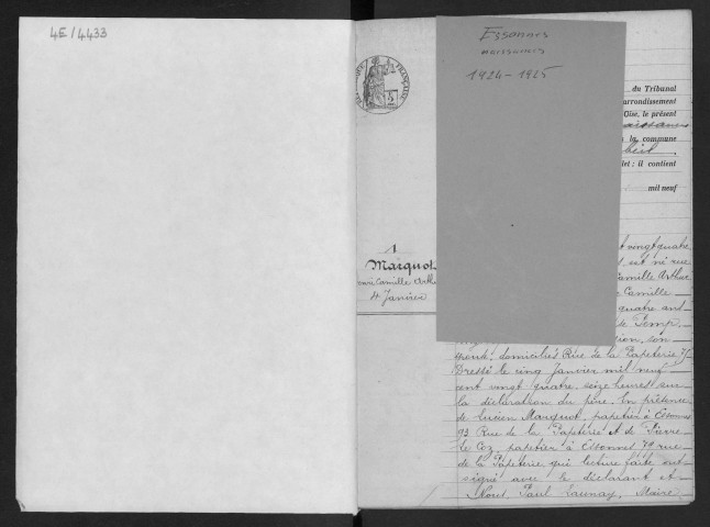 ESSONNES.- Naissances : registre d'état civil. 