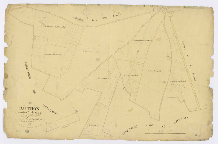 AUTHON-LA-PLAINE. -Section B - Village (le), 4, ech. 1/2500, coul., aquarelle, papier, 68x105 (1827). 