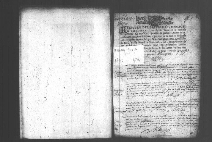 GOMETZ-LA-VILLE. Paroisse Saint-Germain-de-Paris : Baptêmes, mariages, sépultures : registre paroissial (1692-1741). [Lacunes : B.M.S. (1715-1736). Nota bene : feuillets déchirés (1693-1694)]. 