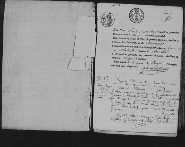 MEREVILLE . Mariages : registre d'état civil (1824-1845). 