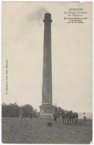 ESSONNES. - La grande cheminée des papeteries Darblay. Elle fut construite en 1872 et sa hauteur est de 65 mètres, Beaugeard, 4 lignes, ad. 