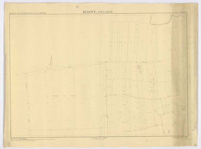Fonds de plan topographique de MASSY - VILLAINE dressé en 1946 par M. GUITONNEAU, géomètre-expert, vérifié par le Service des Ponts et Chaussées, feuille 1, Ministère de la Reconstruction et de l'Urbanisme, 1948. Ech. 1/500. N et B. Dim. 0,83 x 1,10. 