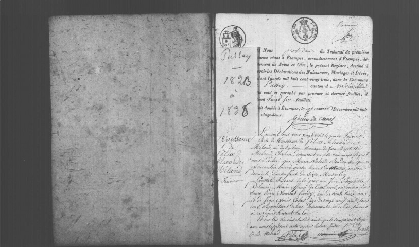 PUSSAY. Naissances, mariages, décès : registre d'état civil (1823-1836). 