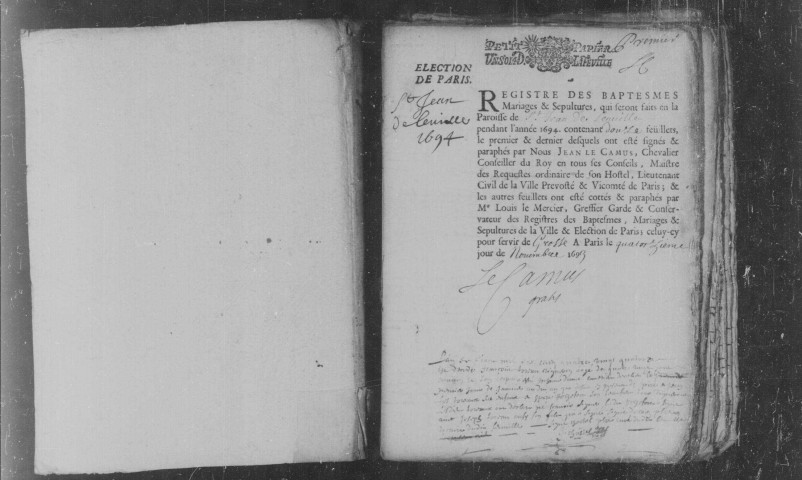 LEUVILLE-SUR-ORGE. Paroisse Saint-Jean-Baptiste : Baptêmes, mariages, sépultures : registre paroissial (1694-1739). [Lacunes : B.M.S. (1718-1736)]. 