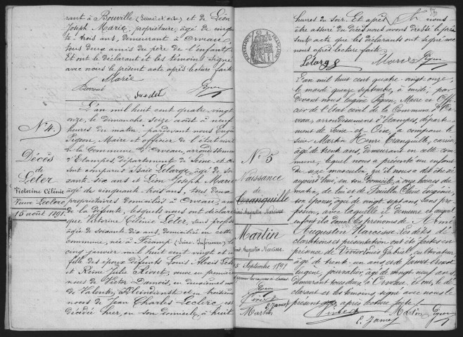 ORVEAU.- Naissances, mariages, décès : registre d'état civil (1891-1905). 