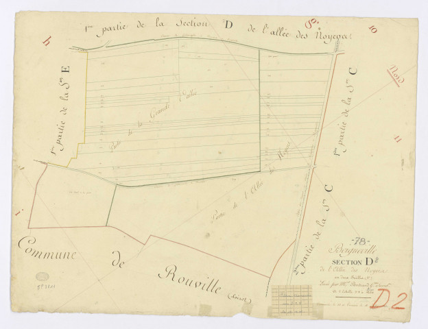 BOIGNEVILLE. - Section D - Allée des Noyers (l'), 2, ech. 1/1250, coul., aquarelle, papier, 51x67 (1813). 