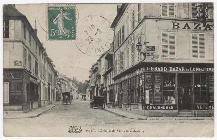 LONGJUMEAU. - La Grande-Rue. Debuisson, (1914), 3 mots, 5 c, ad. 