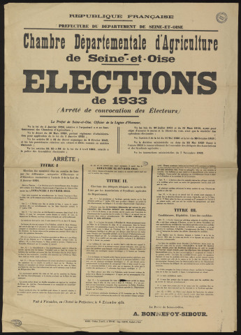 Seine-et-Oise [Département]. - Elections pour le renouvellement des membres de la Chambre départementale d'agriculture, 6 décembre 1932. 