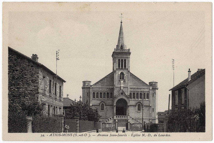 ATHIS-MONS. - Avenue Jean-Jaurès. Eglise Notre-Dame de Lourdes, La Cigogne, 1932, 10 lignes, ad. 