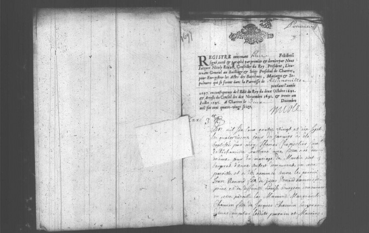 RICHARVILLE. Paroisse Saint-Lubin : Baptêmes, mariages, sépultures : registre paroissial (1697-1730). [Lacunes : B.M.S. (1711, 1719)]. 