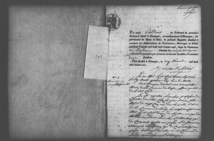 TORFOU. Naissances, mariages, décès : registre d'état civil (1837-1860). 