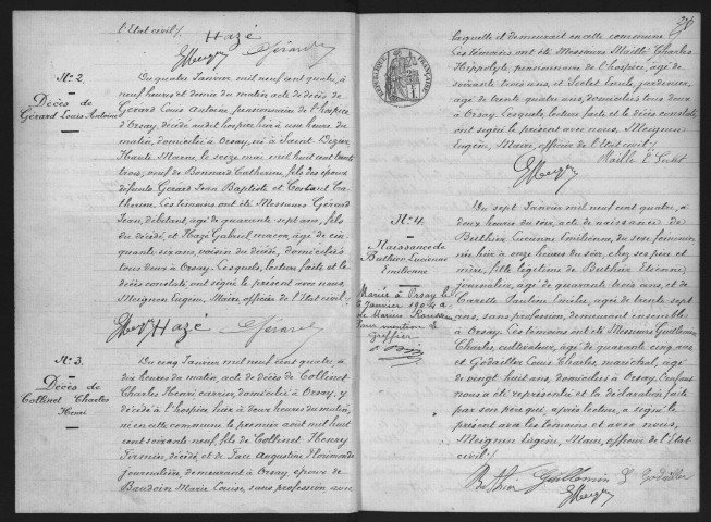 ORSAY.- Naissances, mariages, décès : registre d'état civil (1904-1905). 